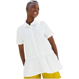 Goldray Clean Button-Front short sleeve topstitch accents Peplum-Hem Trapeze top